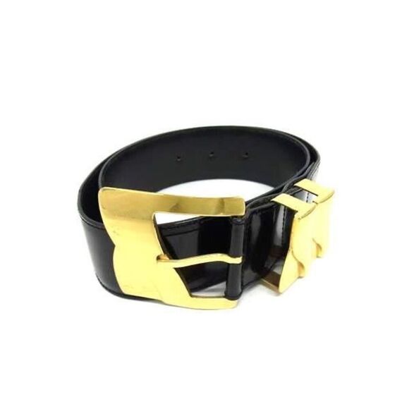 Gianni Versace Size S/M Italian PatentLeather Black Belt Chunky Gold Hardwear